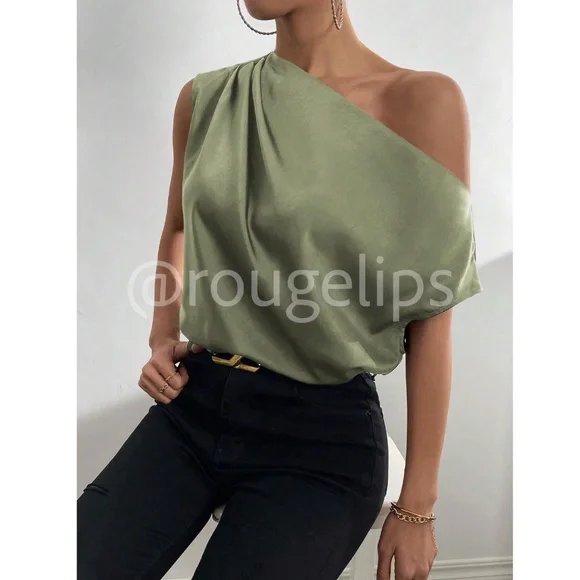 Army Green Satin Draped Asymmetrical Blouse Top Off One Shoulder - Picture 5 of 13